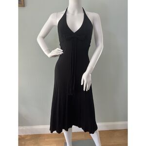 H&M Vintage Black Halter Midi Dress with Bow Detail V Neck size 4